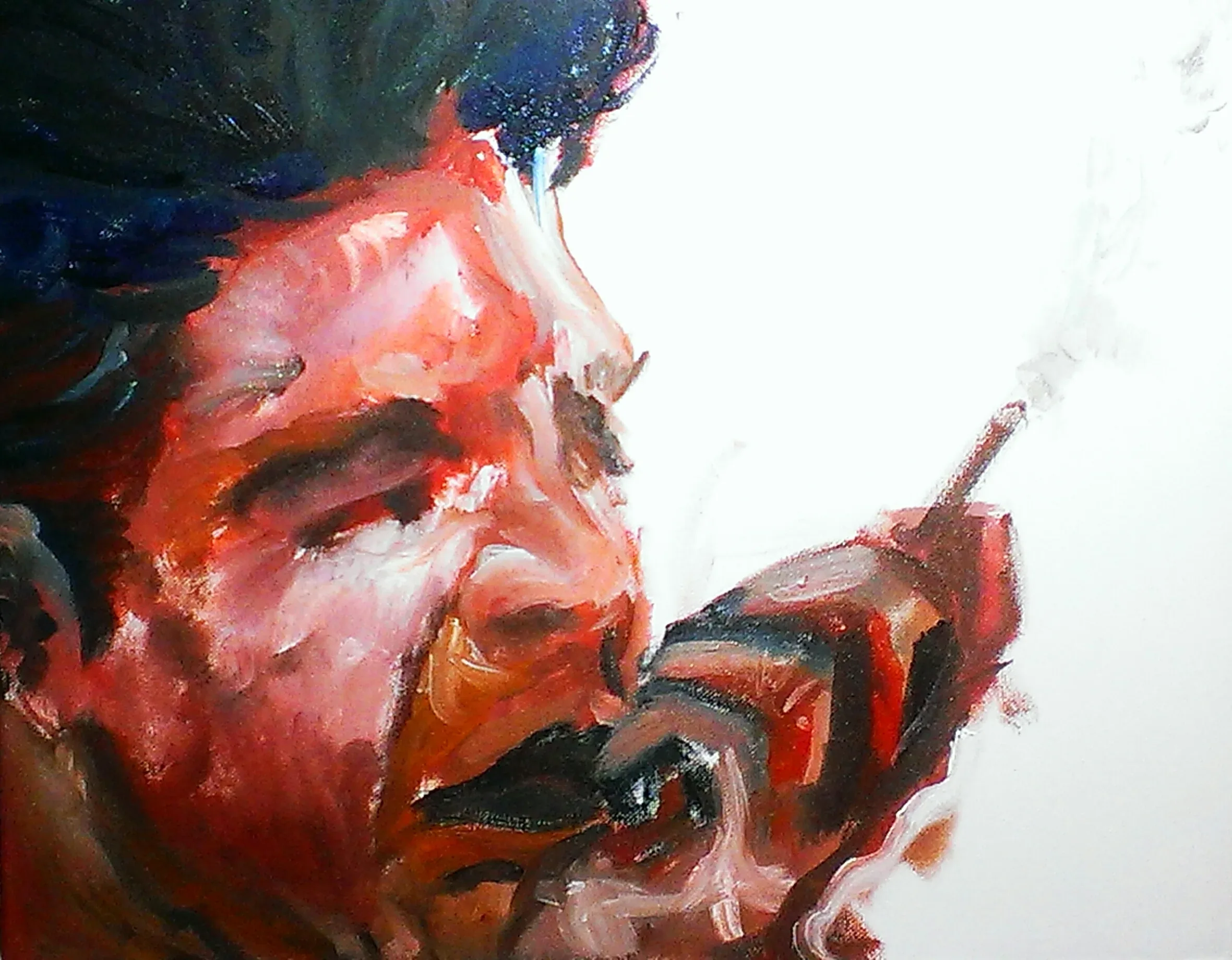 Expressive painted portrait in red and black