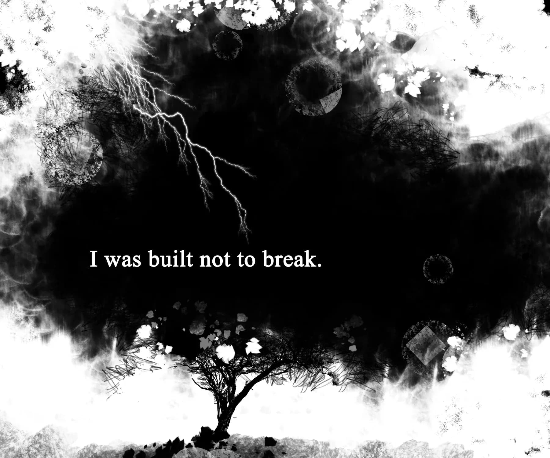 Black and white tree artwork with a lightning strike